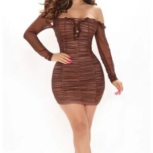 Iris Brown Long Sleeve Ruched Ruffled Lace Up Mini Bodycon Dress Plus Size 1X